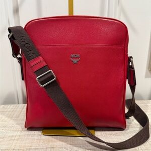 MCM Red Leather Crossbody Bag with Brown Guitar Strap Unisex EUC
